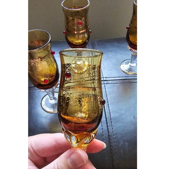 5 1930 Murano Tulip Cordial Glasses 22k Gold Trim and Filigree w/ Red Jewels - Picture 7 of 15